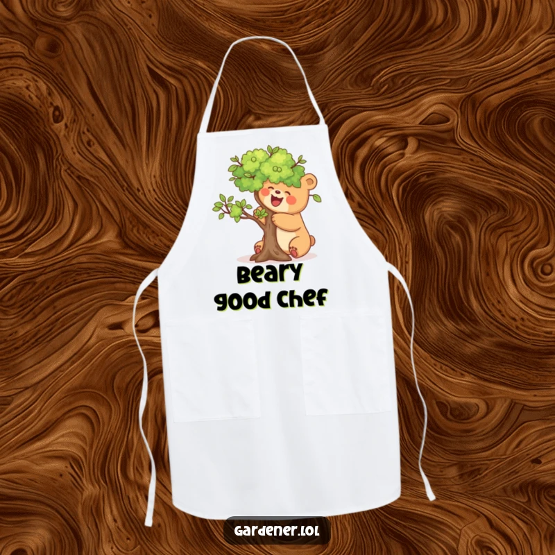 Funny apron featuring a joyful bear carefully pruning a miniature tree, perfect for cheerful and practical kitchen use.