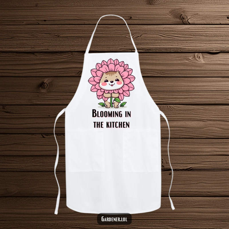 Funny apron: A cheerful animal gardener holds a ridiculously large flower, perfect for keeping clean while cooking or gardening.