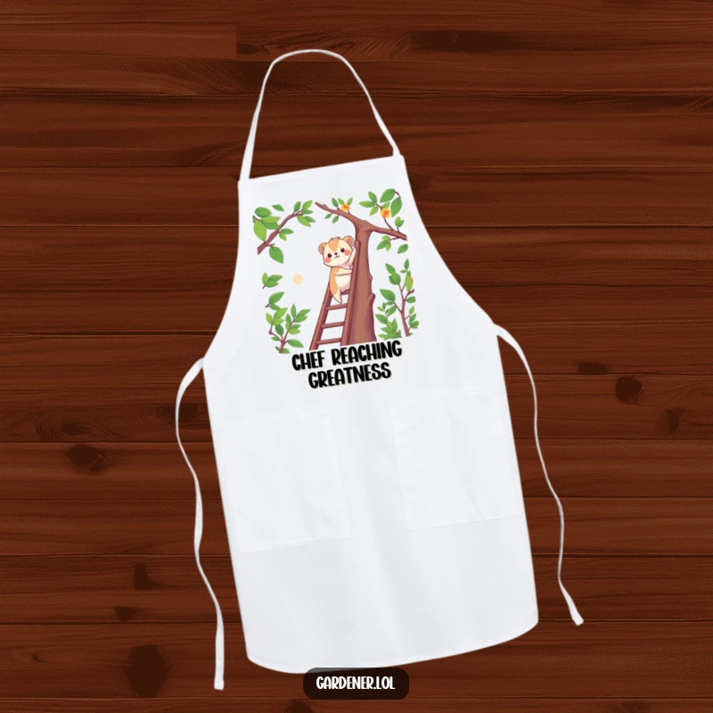Funny determined animal climbing a ladder to reach high branches, protective kitchen apron, motivational design.