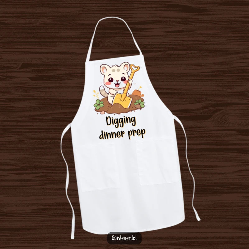Funny apron featuring a kawaii animal character enthusiastically digging soil with a comically large shovel.