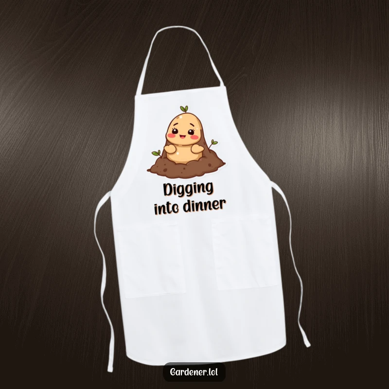 Funny mole soil apron, a cheerful cartoon mole character popping its head out of rich soil, ready for culinary adventures.