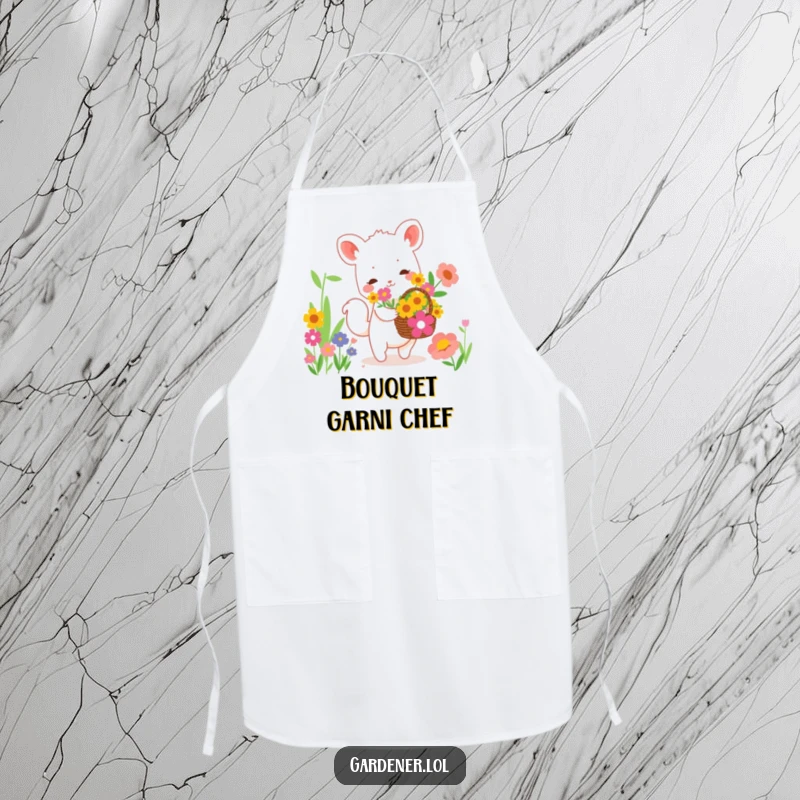 Funny apron showing a cute animal character happily collecting vibrant flowers in a basket, a humorous design for gardeners.