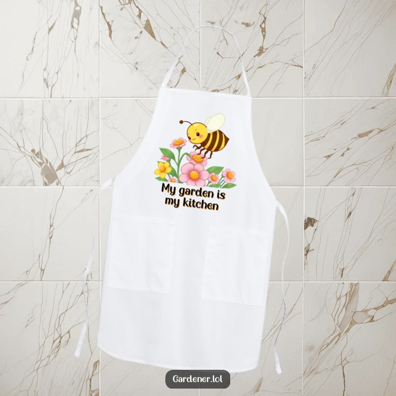 Funny apron featuring a busy bee character energetically pollinating a flower, ideal for kitchen use with a humorous garden theme.