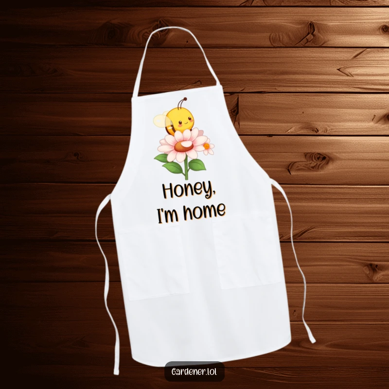 Funny apron showing a character imitating a busy bee around a flower. A humorous and practical funny gift for cooks.