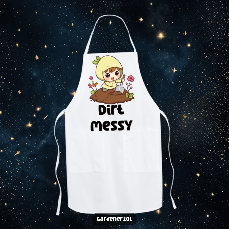 Funny apron with a character excitedly digging in the soil with a small shovel, ideal for garden tasks and kitchen adventures.