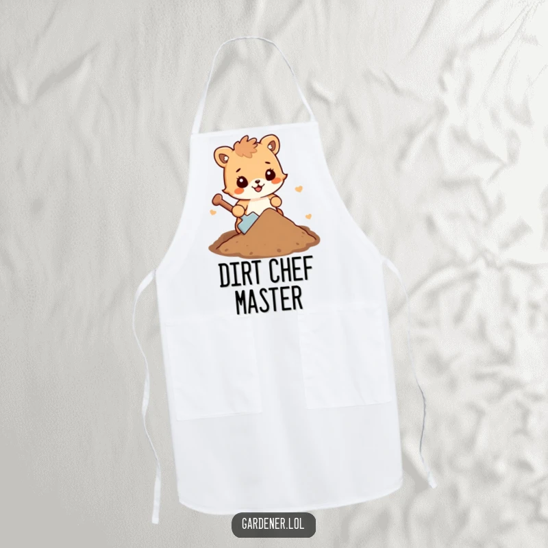 Funny animal character apron playfully shoveling cheerful dirt, offering protection and humor while cooking.
