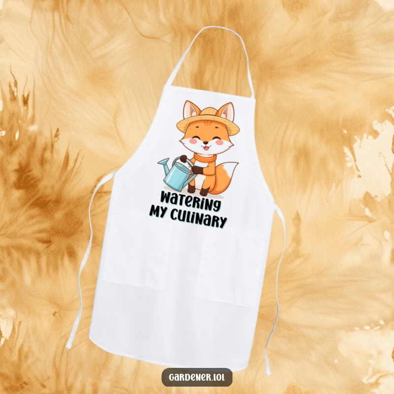 Funny fox character with a straw hat and watering can, printed on a protective kitchen apron.