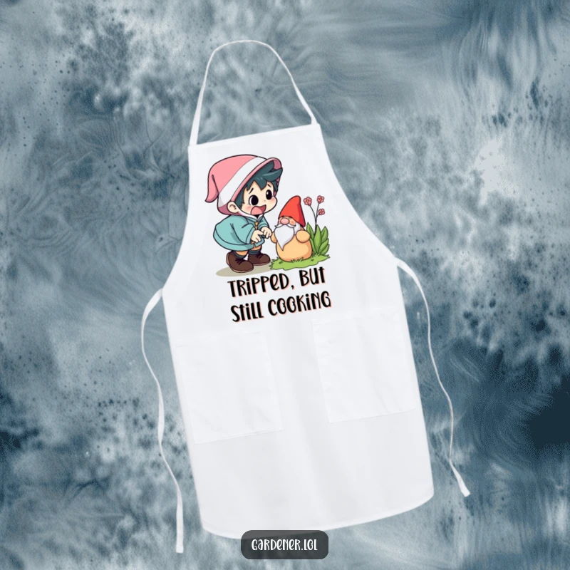 Funny apron showing a character comically tripping over a garden gnome while cooking, looking startled. A humorous kitchen funny gift.