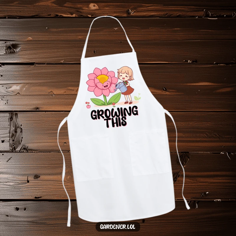 Funny apron with a character joyfully watering a giant, smiling flower, ideal for kitchen fun and garden tasks.