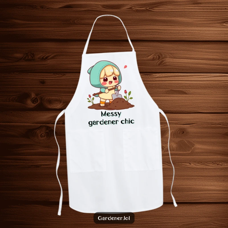 Funny Apron: A character happily sighs while using a trowel to scoop soil, designed for the dedicated gardener.