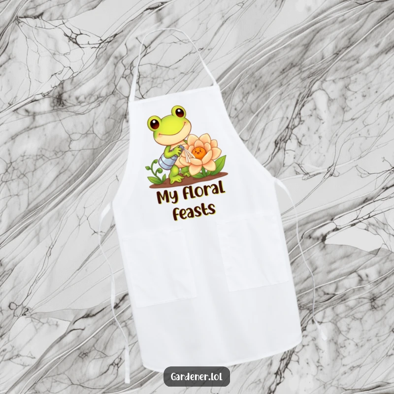 Funny Kawaii Frog Apron: Frog gardener watering a giant smiling flower, bringing humor and cuteness to the kitchen, a great funny gift for cooks.