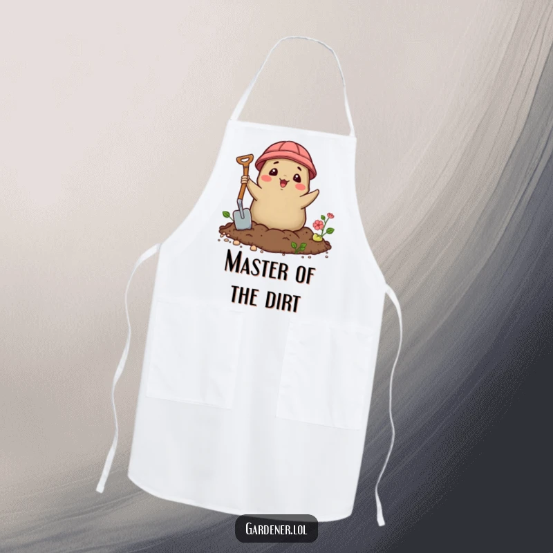 Funny Kawaii mole gardener apron, a delighted character popping out of soil with a trowel, functional and humorous.