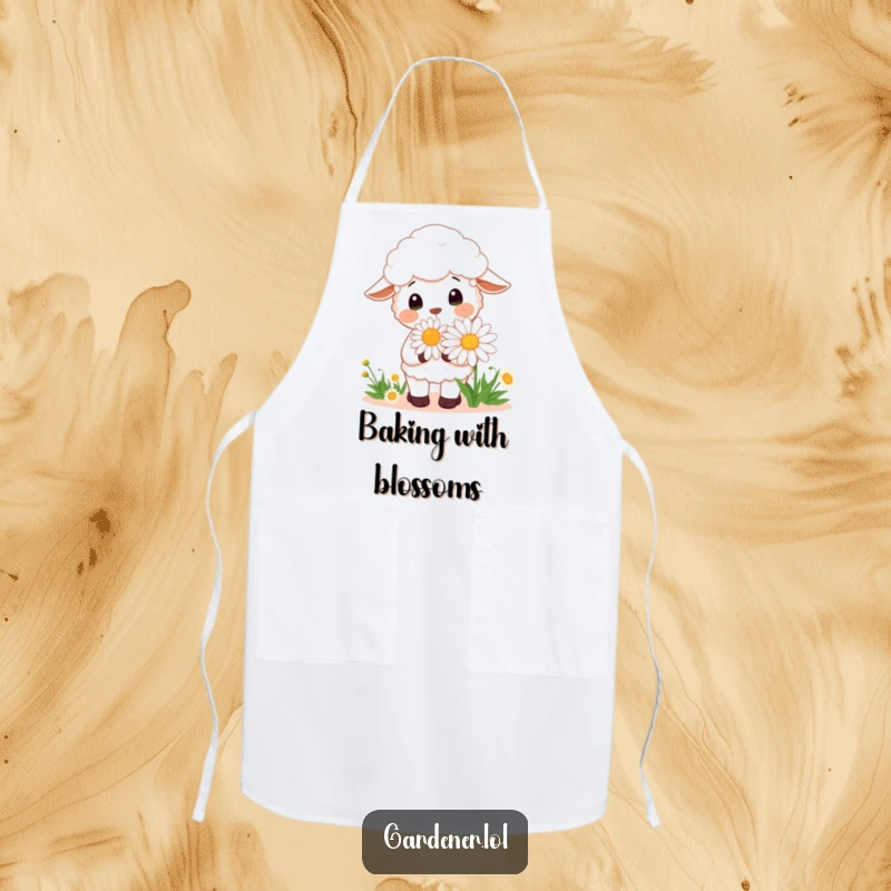 Funny Kawaii sheep gardener apron, a cheerful sheep smelling a large daisy, functional and humorous kitchen wear.