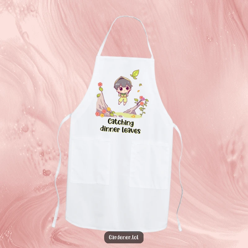 Funny apron showing a character trying to catch a falling leaf with a butterfly net. A humorous and practical funny gift.