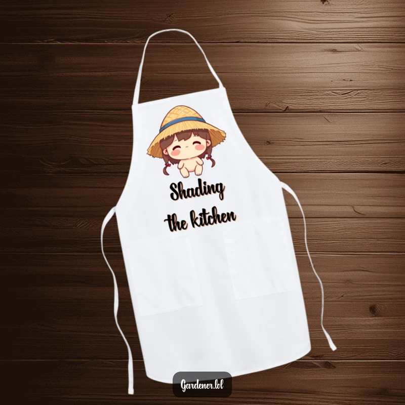 Funny apron with a character wearing a straw hat that is slightly too big, perfect for kitchen use.