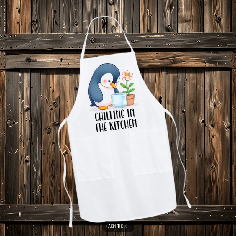 Funny penguin carefully tending a potted ice flower, printed on a protective kitchen apron.