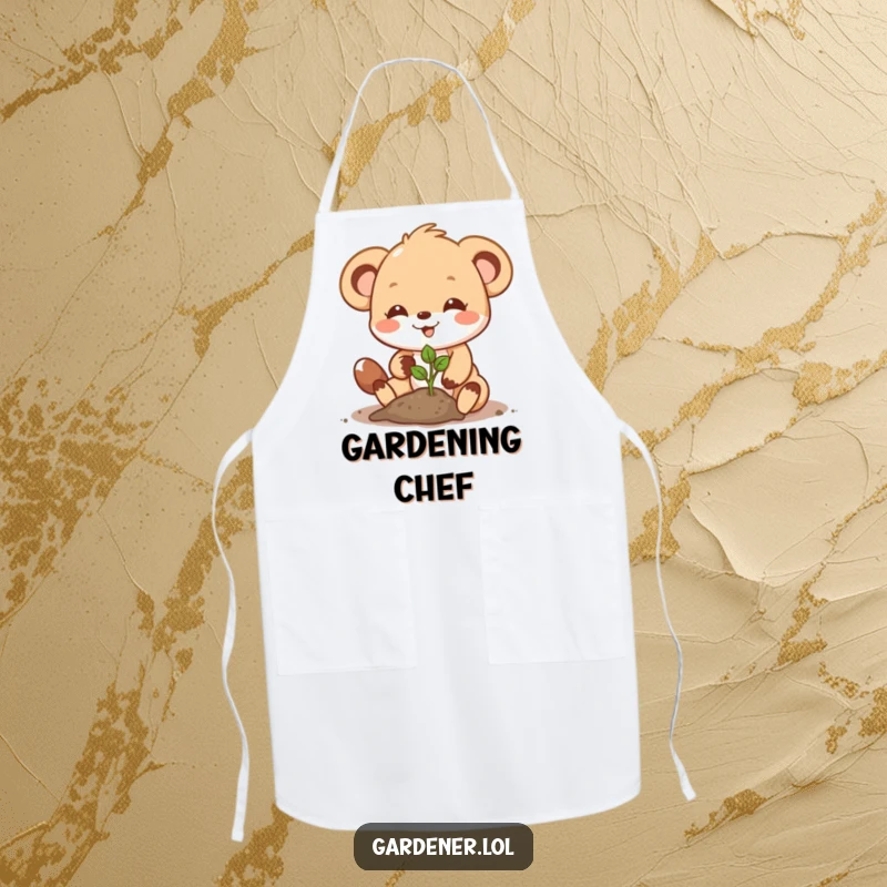 Funny Apron: A determined animal character joyfully plants a seedling, adding a touch of cute gardening flair.
