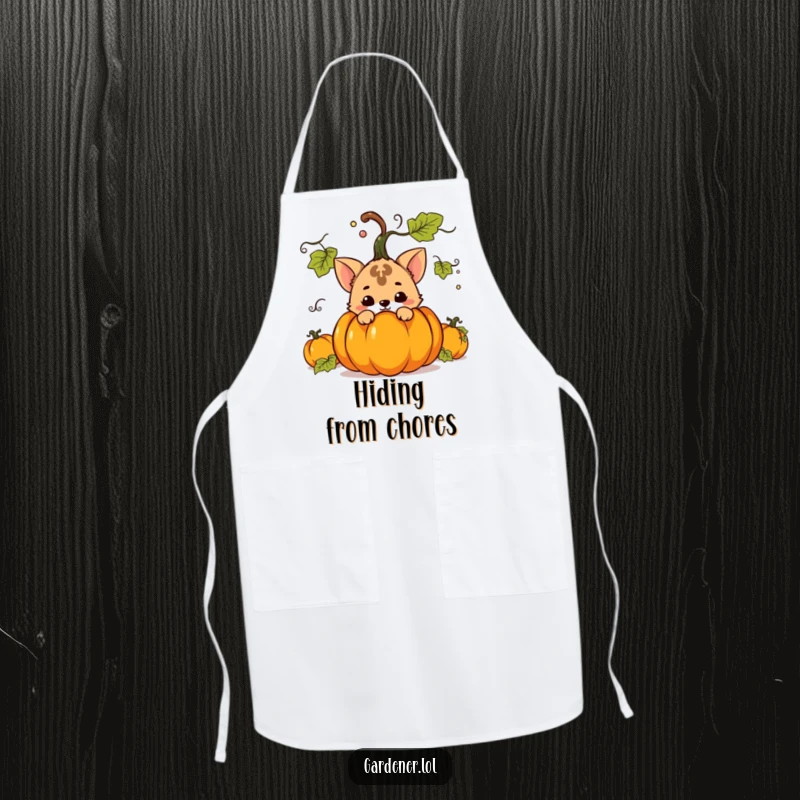 Funny apron design of a mischievous animal character hiding behind a large pumpkin, perfect for a cook with a sense of humor.