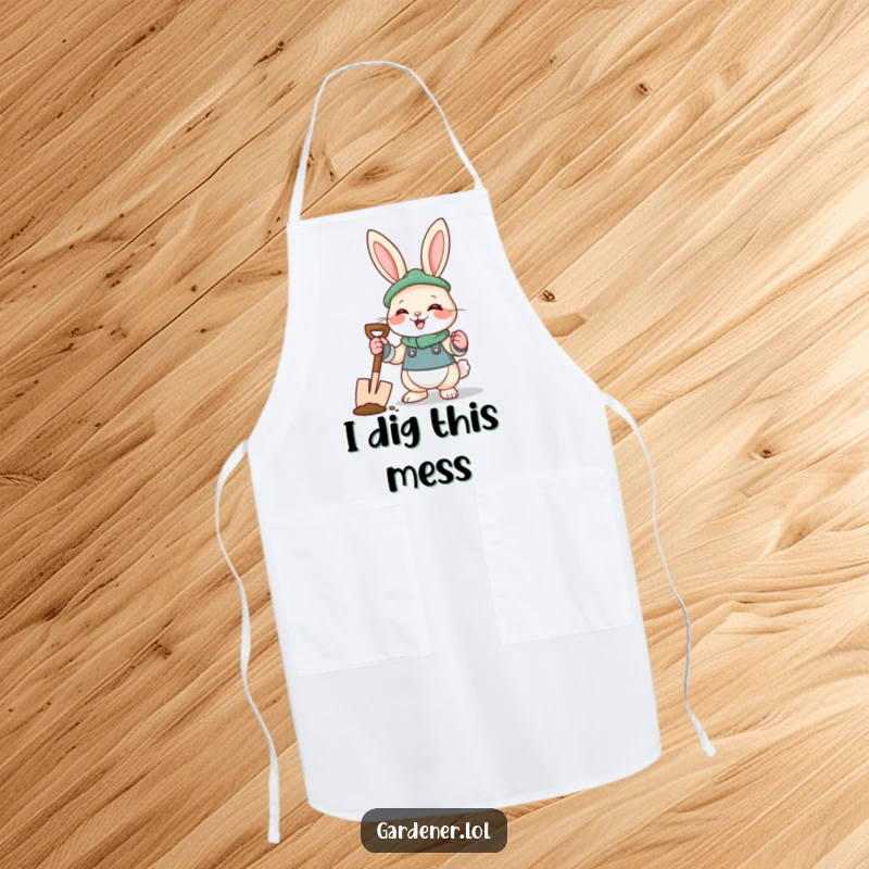 Funny rabbit gardener apron showing a giggling bunny wearing gloves and holding a spade, ideal for kitchen fun.