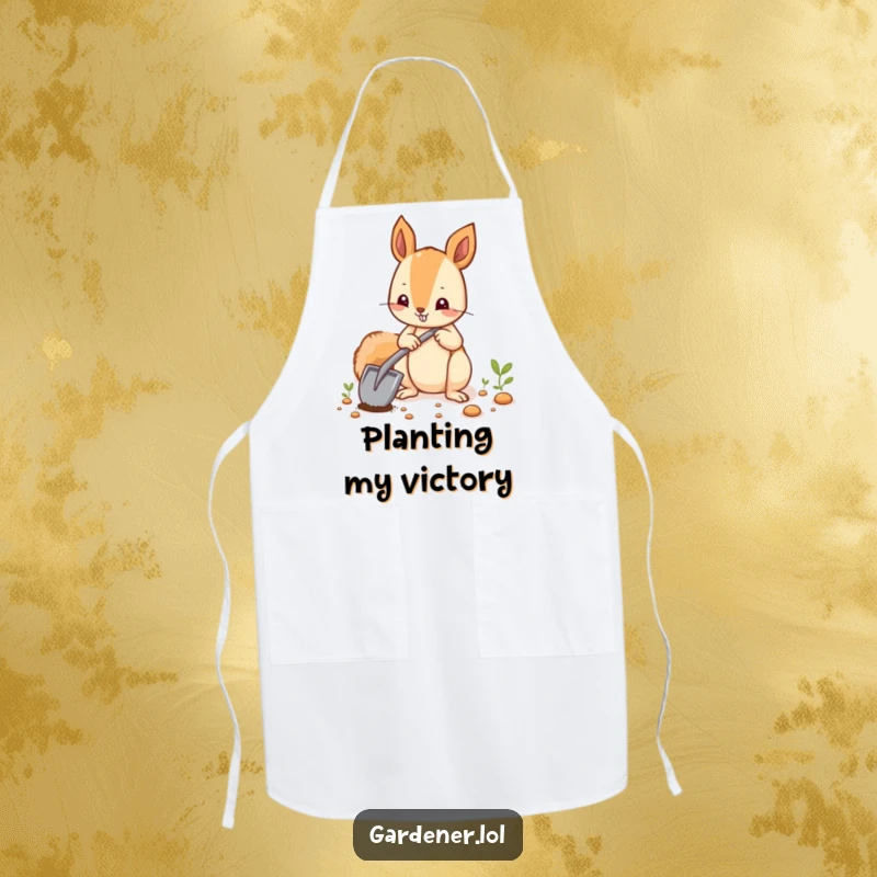 Funny squirrel in a comical pose, planting seeds with a tiny shovel, on a kitchen apron.