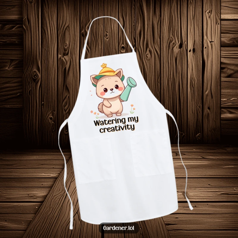 Funny apron with a cute animal character humorously sporting a watering can as a hat, ideal for kitchen fun and a clean outfit.