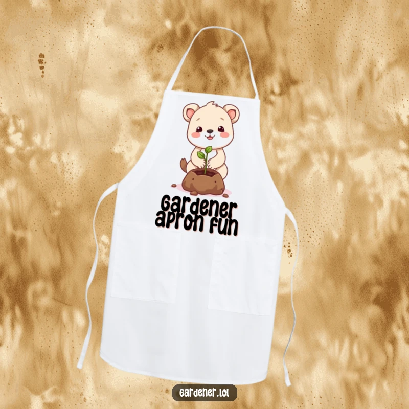 Funny animal character apron planting a smiling seed, providing gentle protection and humor.