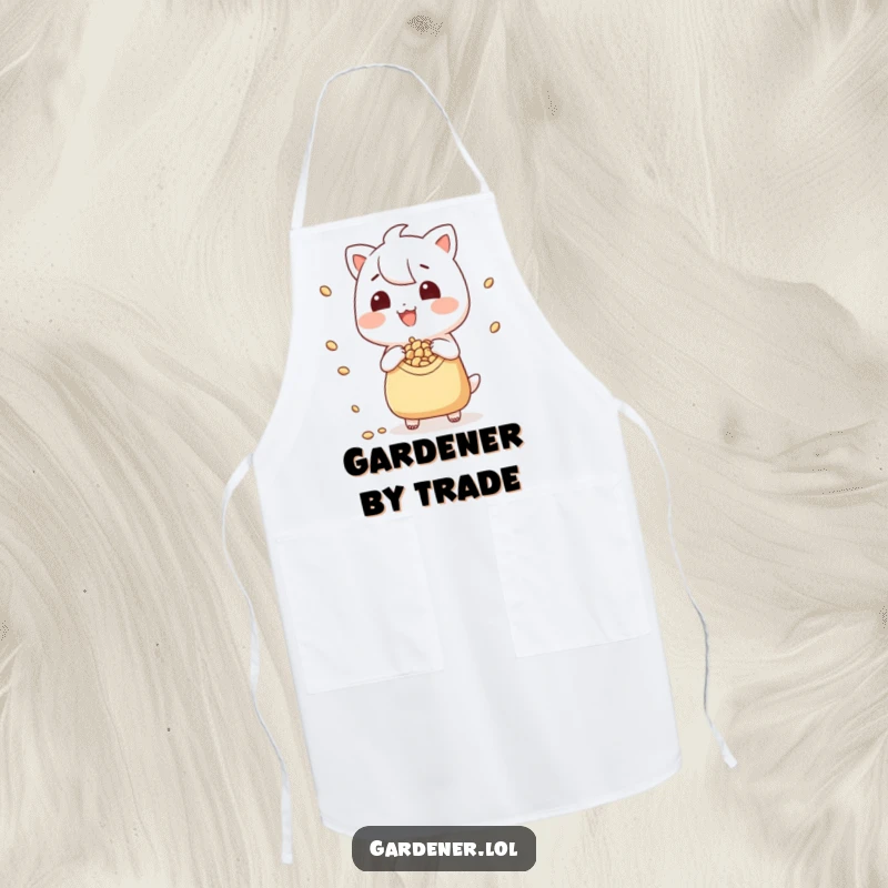 Funny kitchen apron featuring a grinning character playfully scattering seeds, ideal for cooking and gardening enthusiasts.