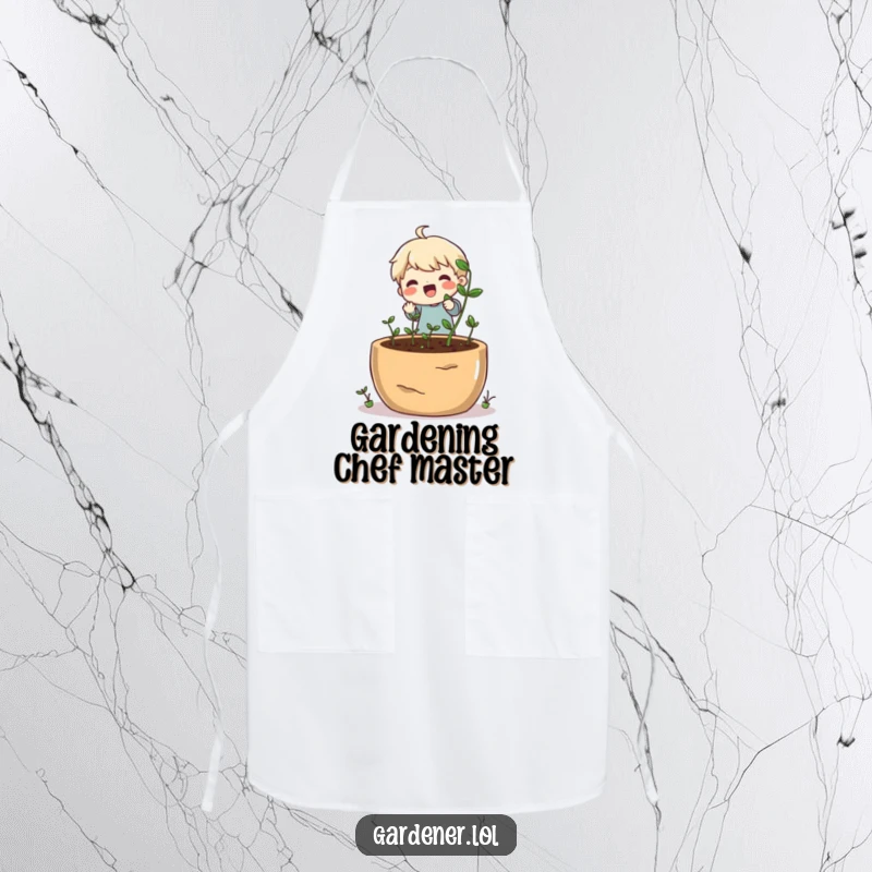 Funny apron showing a happy character planting tiny seeds into a huge pot, garden-themed kitchenware.