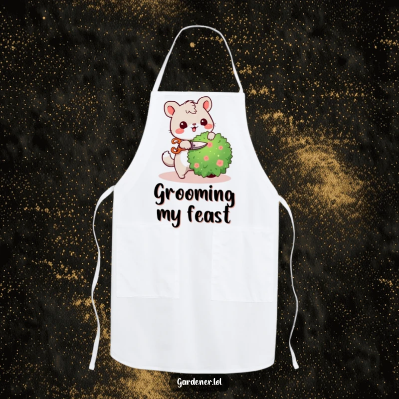 Funny apron with a cute animal character cheerfully pruning a bush with tiny shears, perfect for a humorous gardening or kitchen experience.