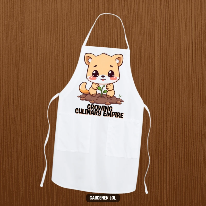 Funny apron featuring a determined animal character planting a tiny seed, perfect for culinary or gardening adventures.