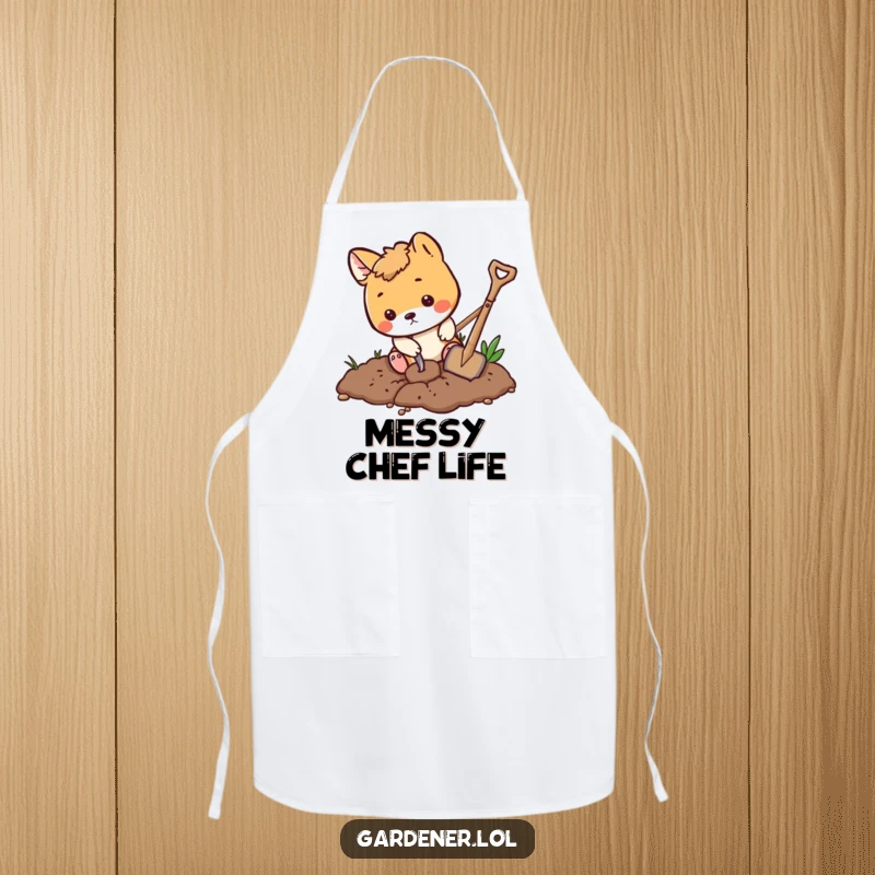 Funny playful animal digging in dirt with a tiny shovel, protective kitchen and gardening apron.