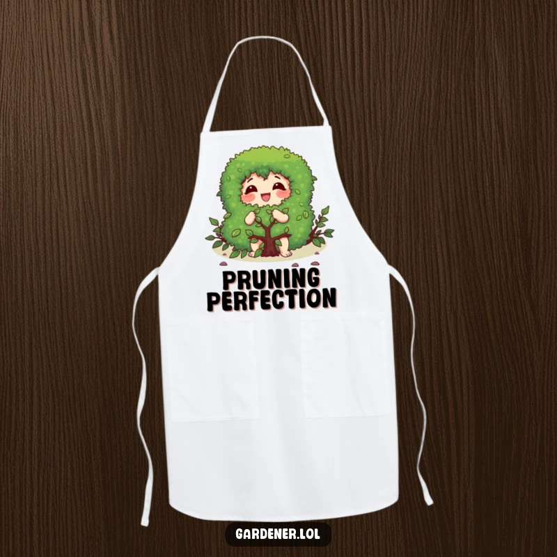 Funny apron with a character gleefully pruning a bush with a focused expression, ideal for garden tasks and precise trimming.
