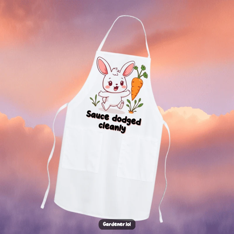 Funny Kawaii Bunny Apron: Bunny gardener running from a hopping carrot, bringing humor and cuteness to the kitchen, a great funny gift for cooks.