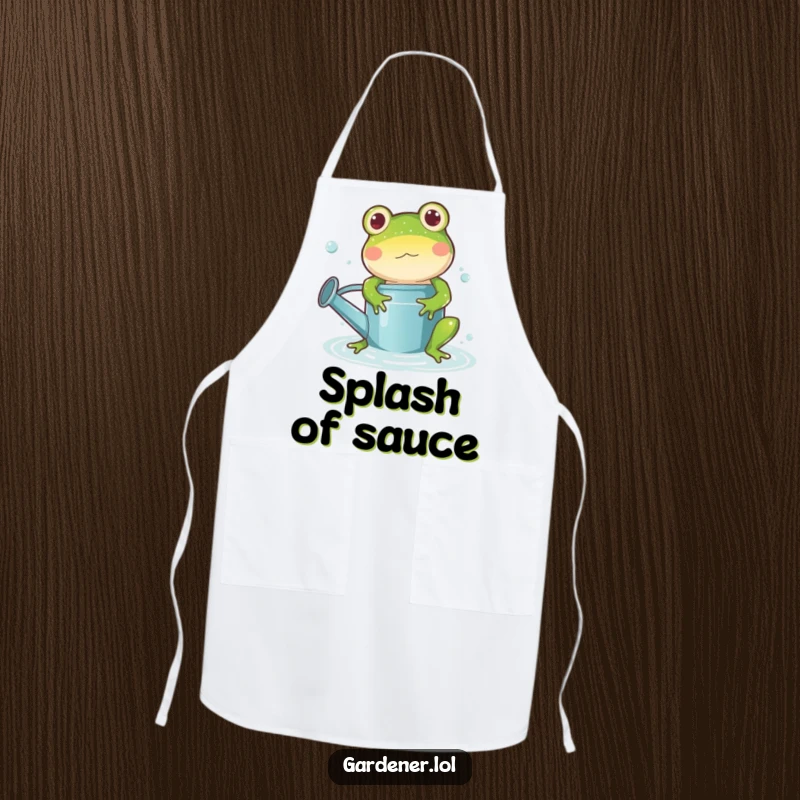 Funny frog watering can apron, a playful cartoon frog character splashing joyfully in a watering can, ready for a kitchen adventure.