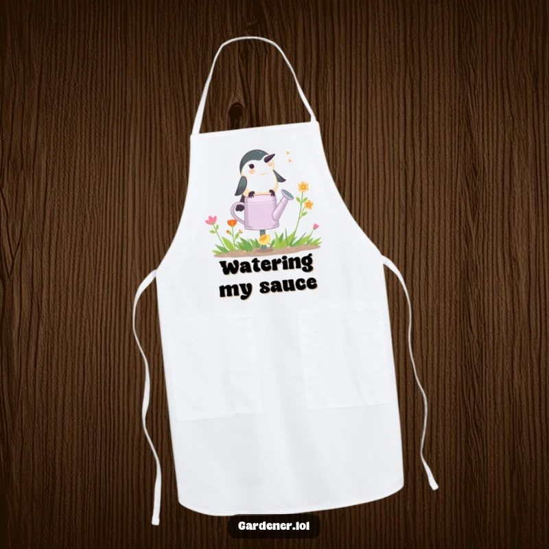 Funny Chickadee Gardener Apron: A happy chickadee chirps on a watering can, bringing a cheerful and humorous vibe to kitchen tasks.