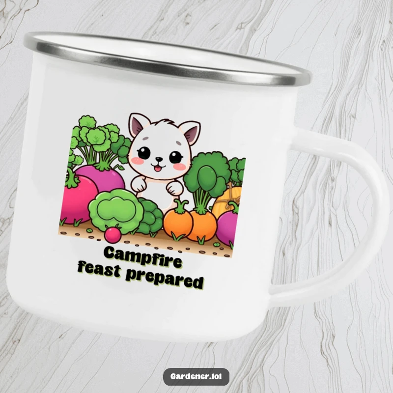 Funny enamel camping mug with a happy animal character tending giant vegetables, perfect for outdoor enthusiasts.