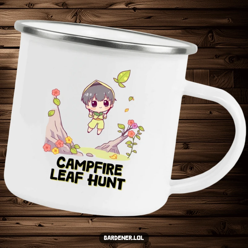 Funny camping mug showing a character trying to catch a falling leaf with a butterfly net. Durable and humorous funny gift.