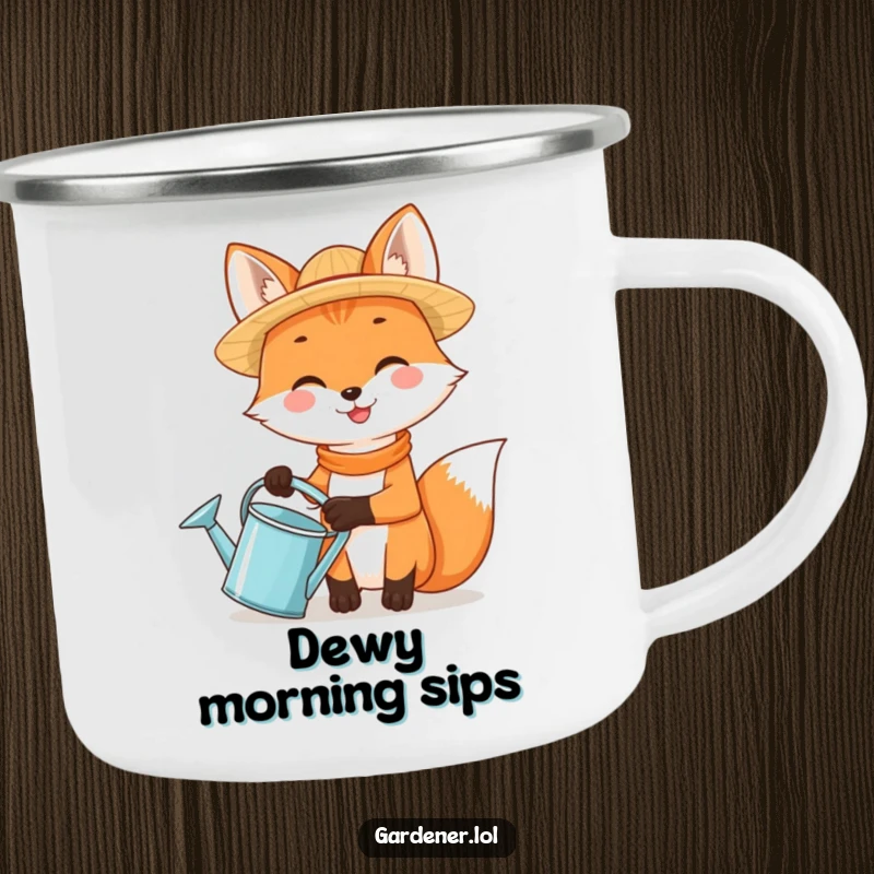 Funny fox holding a watering can and wearing a straw hat on a rugged camping mug.
