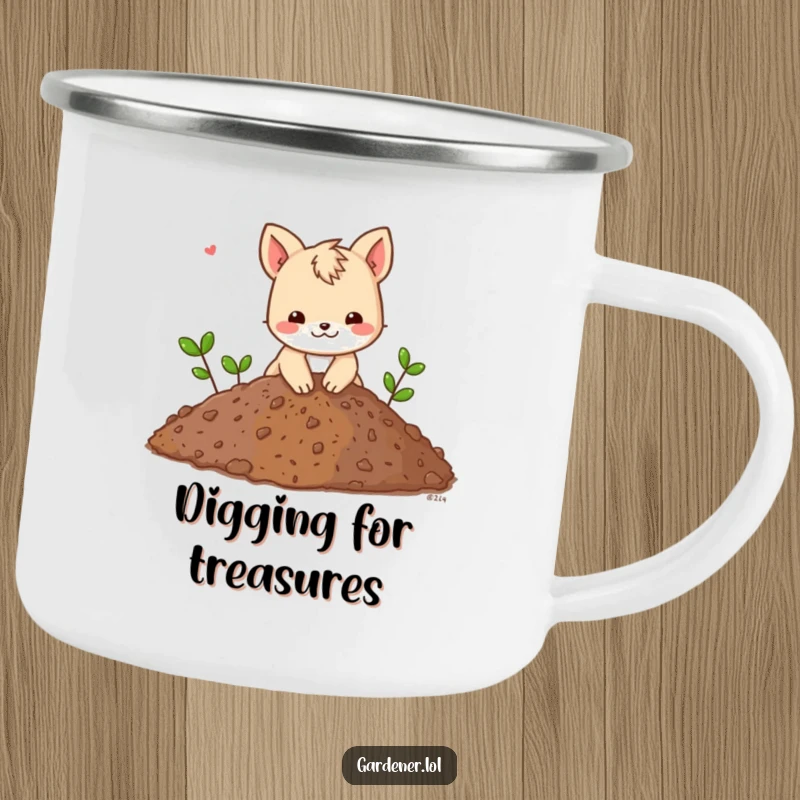 Funny camping mug with an animal character playfully digging in a giant pile of soil, perfect for cheerful outdoor exploration.