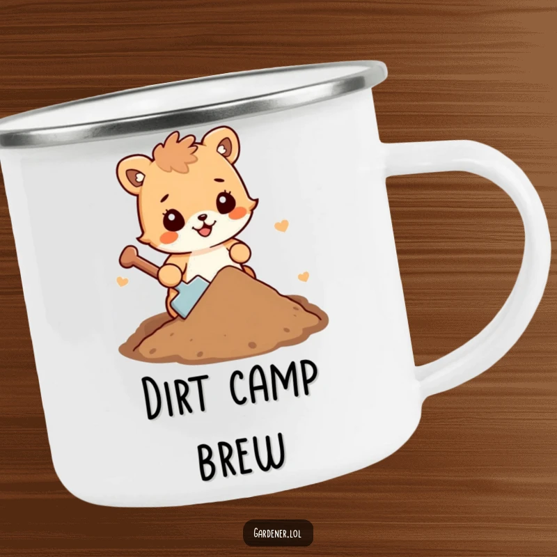 Funny animal character camping mug with cheerful dirt, perfect for outdoor adventures and funny gift-giving.