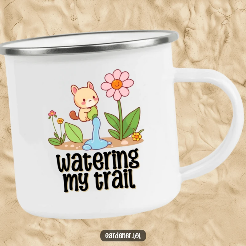 Funny camping mug with a small animal character joyfully watering a comically large flower, perfect for cheerful outdoor enjoyment.