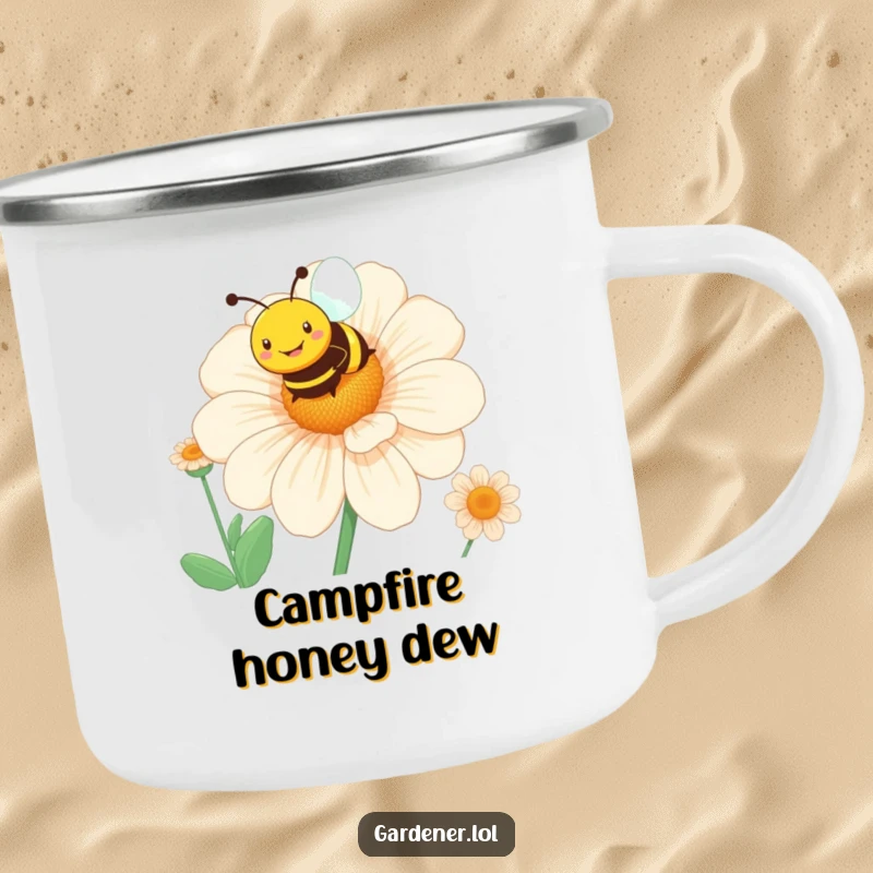Funny bee flower camping mug with a smiling character hovering over a giant blooming flower, perfect for outdoor use.