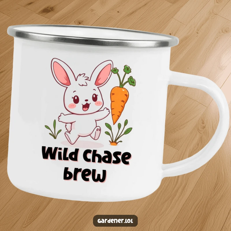 Funny Kawaii Bunny Camping Mug: Bunny gardener running from a hopping carrot, a humorous and durable gift for outdoor enthusiasts who love cute designs.