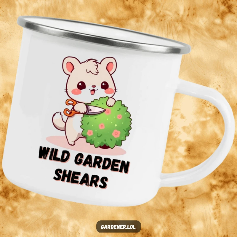 Funny camping mug with a cute animal character happily pruning a bush with tiny shears, embodying a humorous and tidy outdoor spirit.