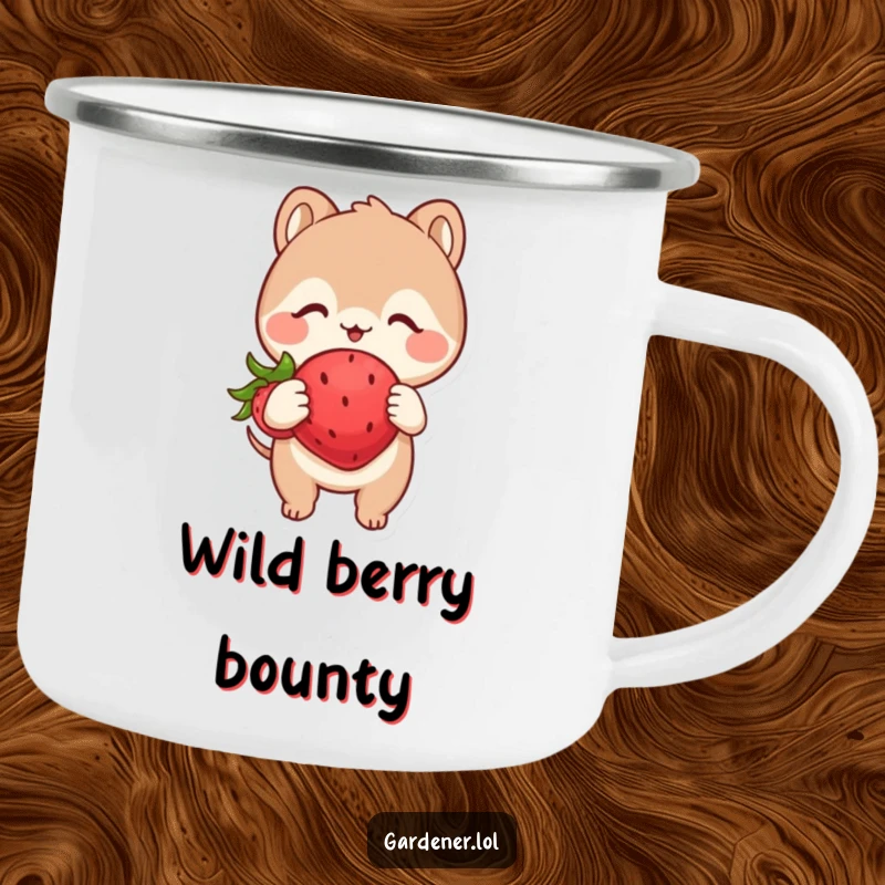 Funny enamel camping mug featuring a cute animal character examining a plump, happy strawberry with intense glee, a humorous outdoor accessory.