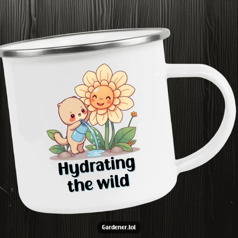 Funny cute animal watering a giant smiling flower, enamel camping mug, outdoor gardening adventure design.
