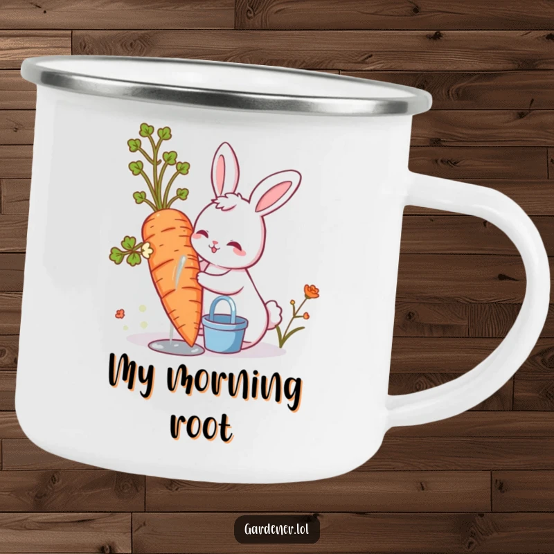 Funny cute bunny watering a giant carrot, ready for adventure on a durable camping mug.