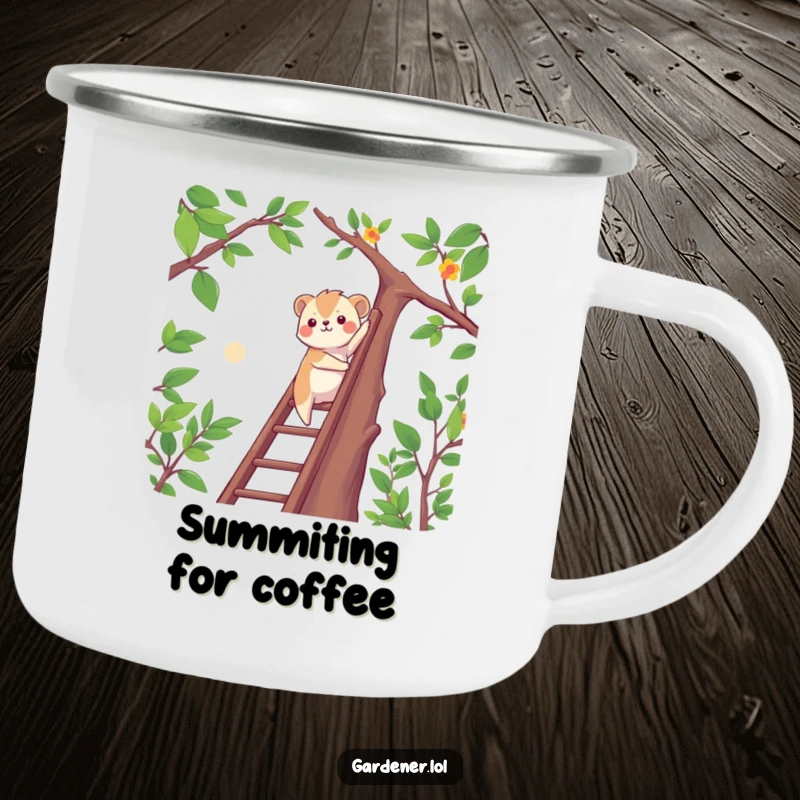 Funny determined animal climbing a ladder to reach high branches, enamel camping mug, motivational outdoor design.