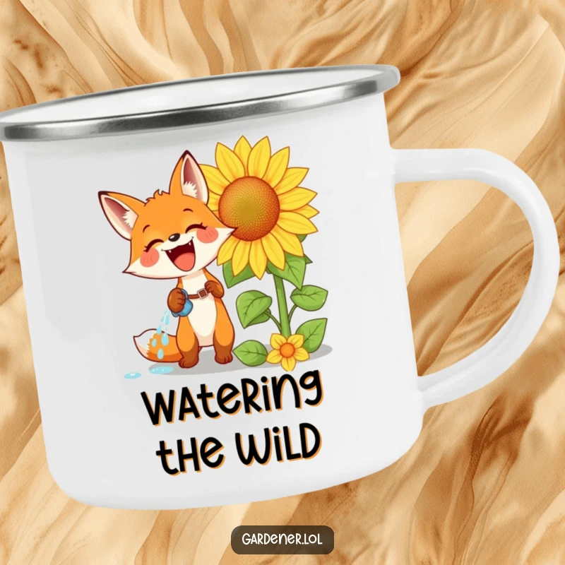 Funny camping mug with an excited fox watering a giant sunflower with glee, durable and humorous for outdoor enthusiasts.