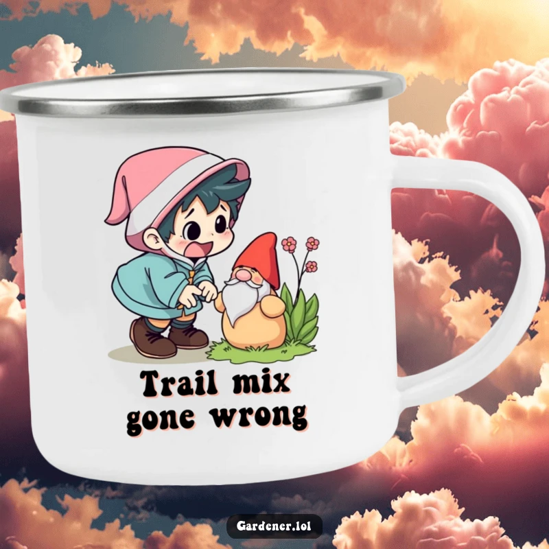 Funny camping mug showing a character comically tripping over a garden gnome, looking startled. Rugged and humorous funny gift.